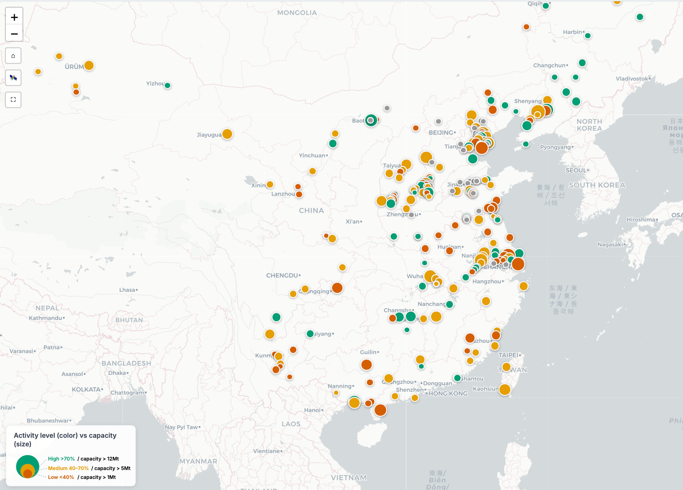 China steel supply from space: blast-furnace plants coloured by activity and sized by capacity